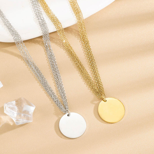 Collier Multiples Chaînes Dorées Avec Plaque Ronde À Graver