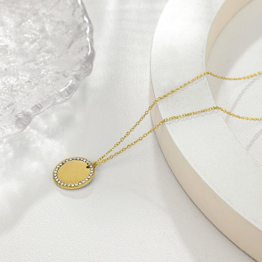 Collier Plaque Ronde à Graver En Strass Doré