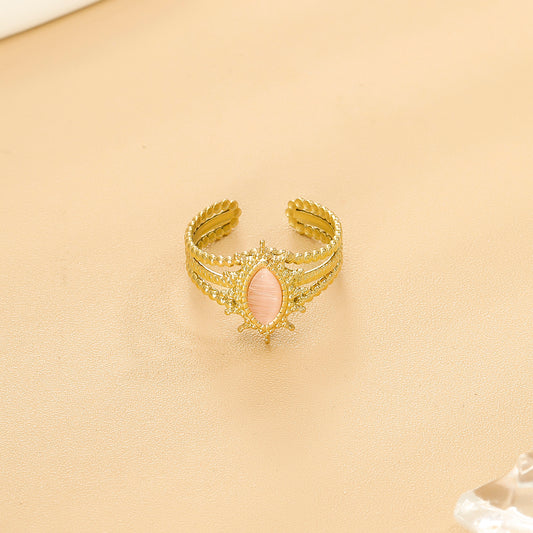 Bague Dorée Ajustable Torsadée Avec Pierre Ovale Rose