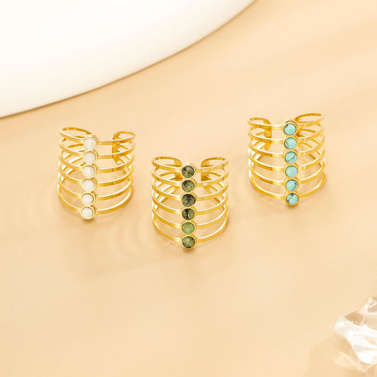 Bague Dorée Ouverte Multi Lignes Avec Pierres Turquoises Africaines