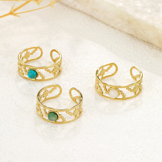 Bague dorée double ligne avec pierre turquoise ronde