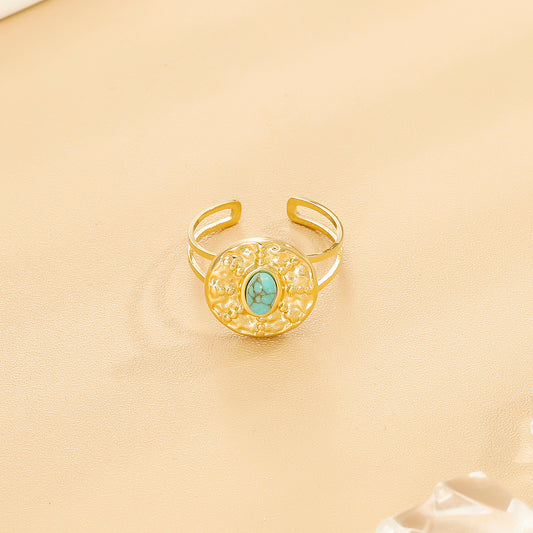 Bague Dorée Ajustable Martelée Avec Pierre Ovale Turquoise