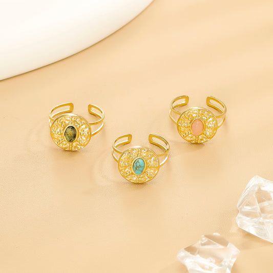 Bague Dorée Ajustable Martelée Avec Pierre Ovale Turquoise