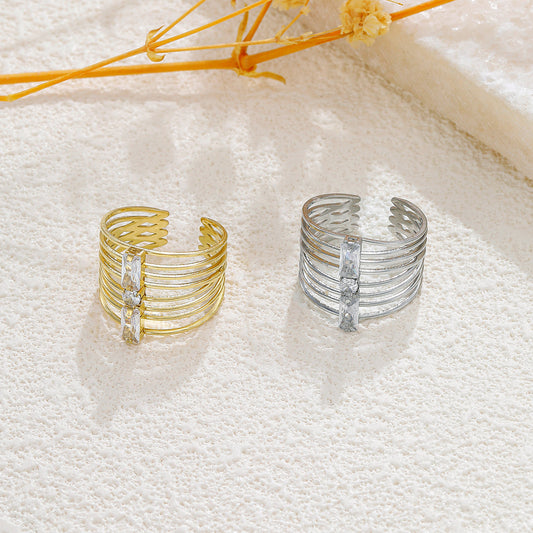 Bague argentée 8 branches strass avant rectangle et rond