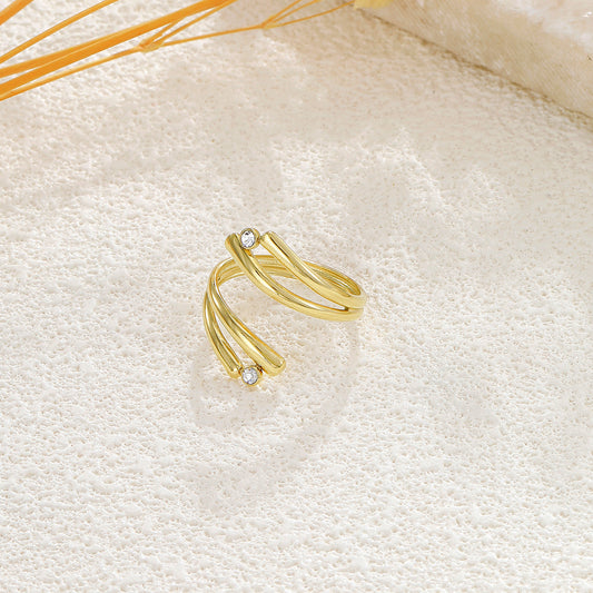 Bague dorée ajustable ouverture avant double branches strass ronds