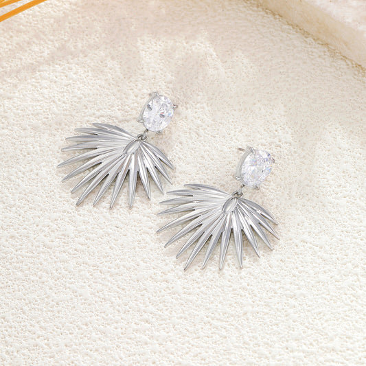 Boucles d'oreilles argentées strass ovale pendant en forme d'éventail
