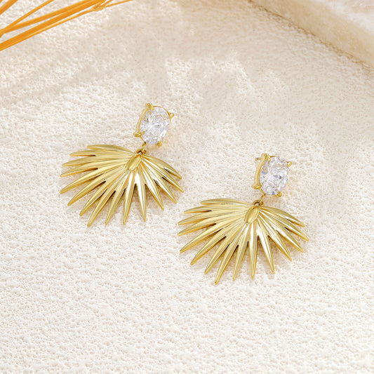 Boucles d'oreilles dorées strass ovale pendant en forme d'éventail