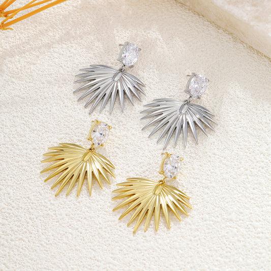 Boucles d'oreilles dorées strass ovale pendant en forme d'éventail