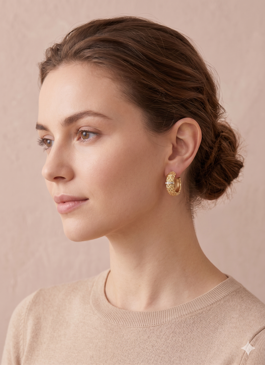 Boucles d'oreilles dorées créoles ouvertes texturées strassées