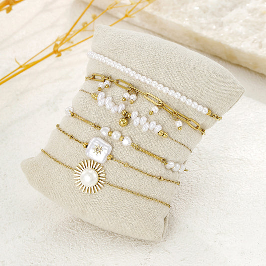 Lot de 6 bracelets blancs avec nacre et perle