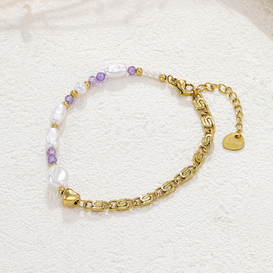 Bracelet dorée demi chaîne demi perle avec pierres mauves