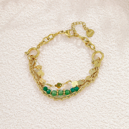 Bracelet doré multi chaîne modulables pierres vertes et coquillages