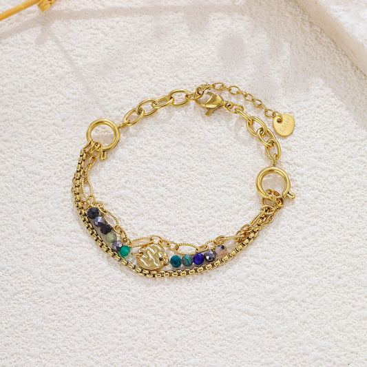 Bracelet doré multi chaîne modulables pierres multicolores et médaillon central martelé