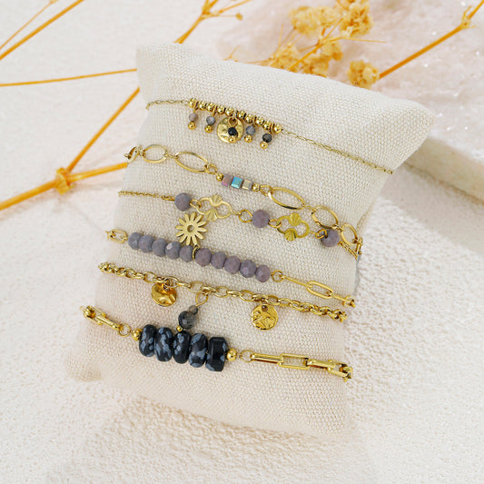 Lot de 6 bracelets pierres grises avec pendentif soleil sur coussin