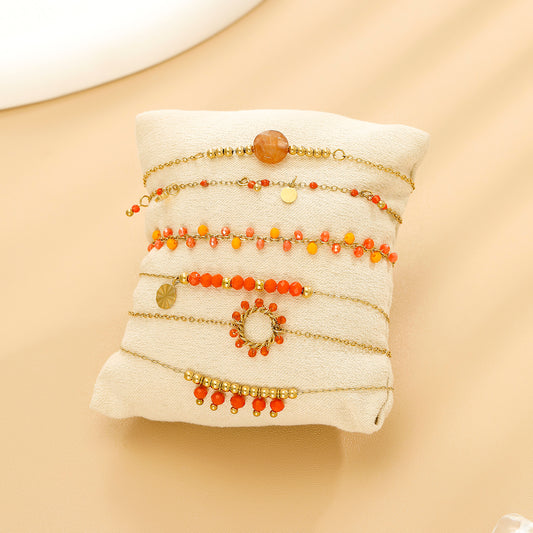 Lot de 6 Bracelets Dorés Pierre Agathe Orange Sur Coussin