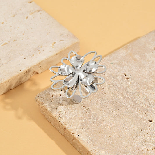 Bague Argentée Fleur Et Trèfle Ajustable