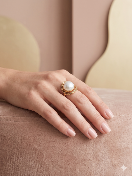 Bague dorée ajustable semi-fine cercle martelé avec perle ronde bombée centrale