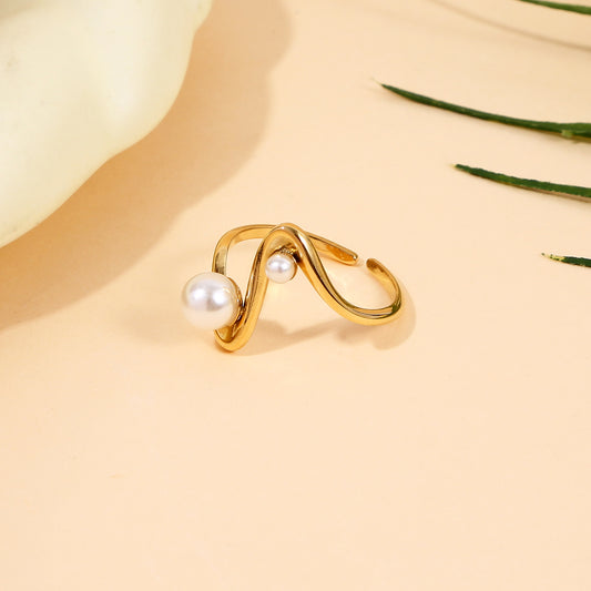 Bague Dorée Ajustable Vague Perlée