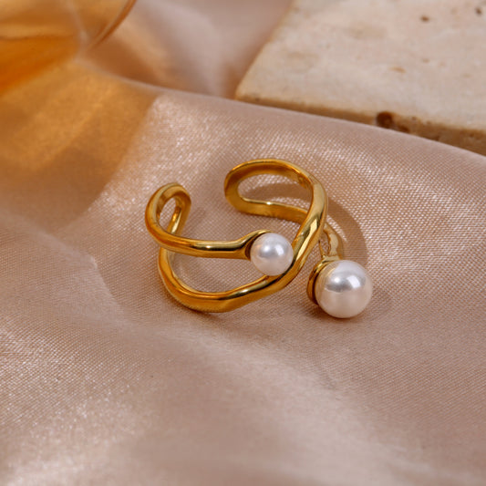 Bague dorée ajustable ouverture arrière double branches croisées 2 perles incrustées