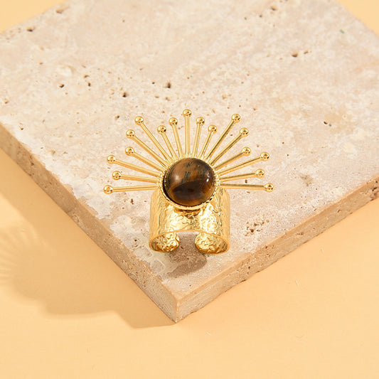 Bague Dorée Large Eclat Avec Pierre Œil de Tigre Ajustable