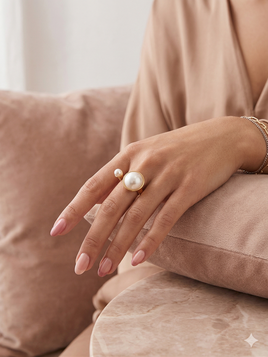 Bague ouverture avant perle texturé avec encadrement lisse