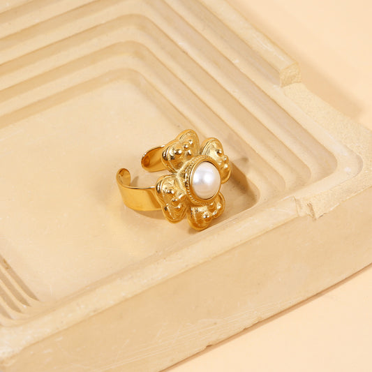 Bague Dorée Ajustable Fleur Perlée
