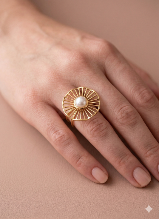 Bague dorée ajustable motif rayons avec perle blanche