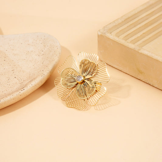 Bague Dorée Ajustable Pétales De Fleurs Avec Strass