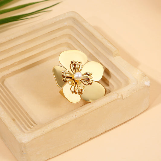 Bague Dorée Ajustable Fleur Émaillée Perle Baroque