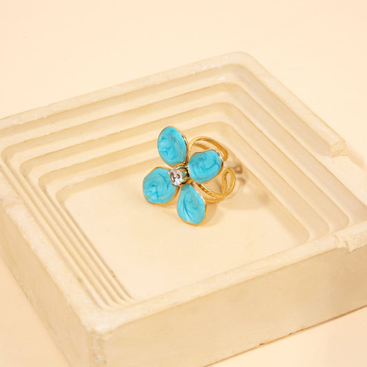 Bague Dorée Ajustable Fleur Azur Bleue Au Centre Strass