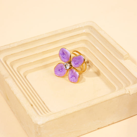 Bague Dorée Ajustable Fleur Lilas Violette Au Centre Strass