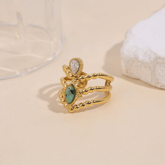 Bague dorée couronne avec turquoise africaine et strass