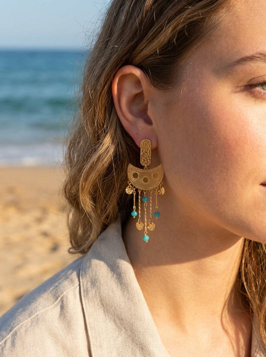 Boucles d'Oreilles Dorées Plaques Lunes Et Multi Chaînes Avec Cristaux