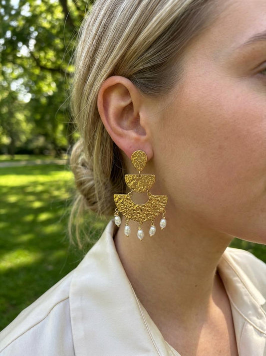 Boucles d'Oreilles Multi Plaques Géométriques Martelées Avec Perles