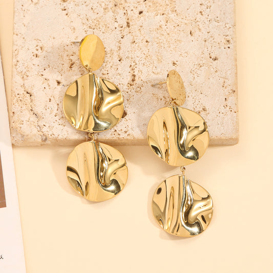 Boucles d'Oreilles Dorées Triple Disques Brillants Lisse Et Ondulés