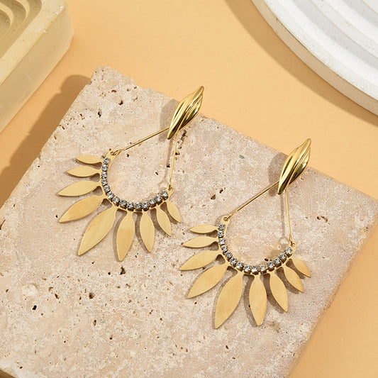 Boucles d'Oreilles Dorées Créoles Gouttes En Strass Avec Plaques Feuilles