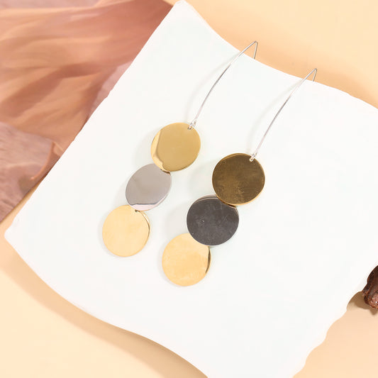 Boucles d'Oreilles Pendantes Avec Disques Dorées et Argentées Bicolore