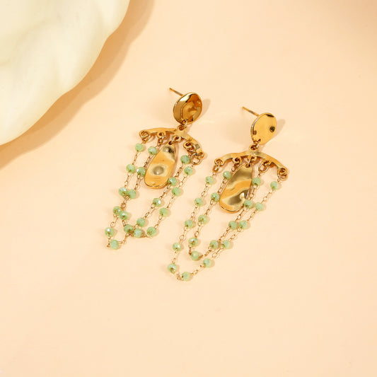 Boucles d'Oreilles Pendantes Dorées Martelées Et Chaînes Perles Vertes