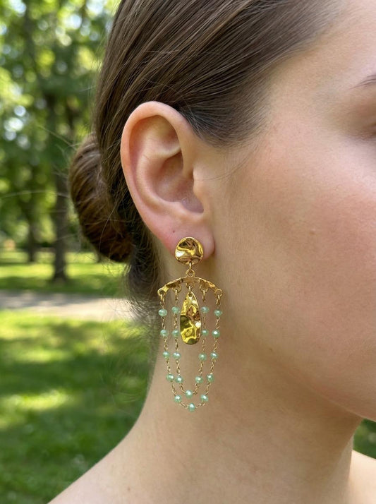 Boucles d'Oreilles Pendantes Martelées Et Chaînes Perles