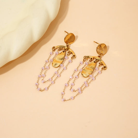 Boucles d'Oreilles Pendantes Dorées Martelées Et Chaînes Perles Roses