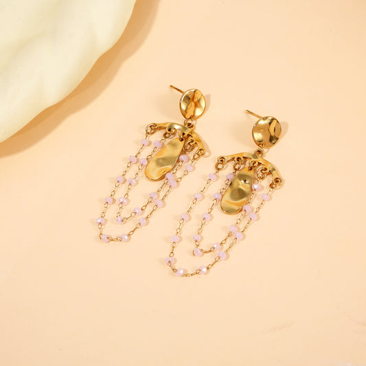 Boucles d'Oreilles Pendantes Dorées Martelées Et Chaînes Perles Roses