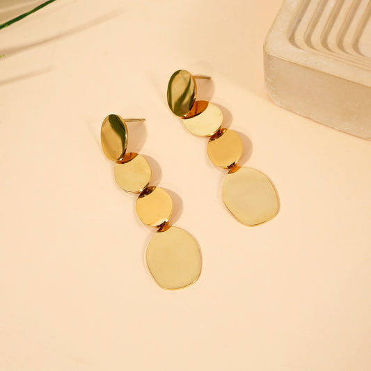 Boucles d'Oreilles Pendantes Dorées Raffinées Effet Goutte Et Disque