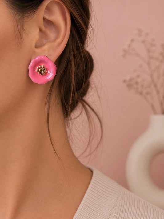Boucles d’oreilles puces fleur émaillée cœur doré