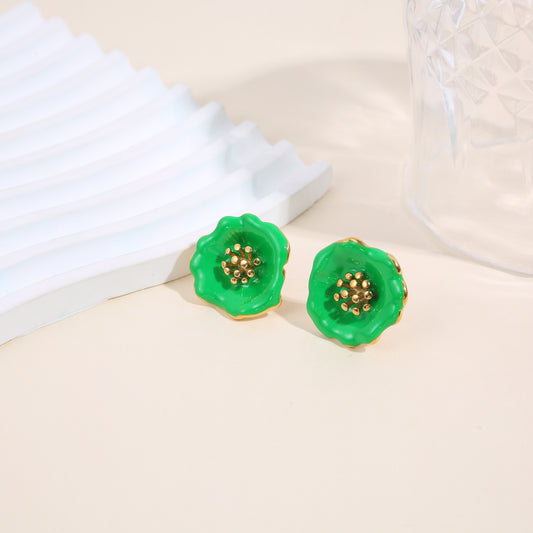 Boucles d’oreilles puces fleur émaillée vert cœur doré