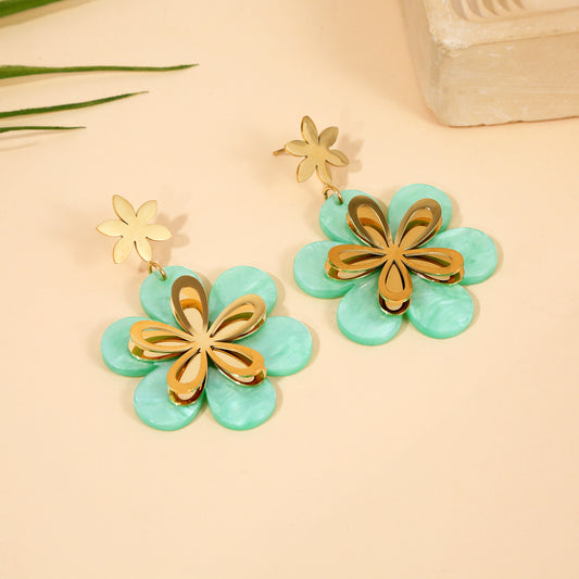 Boucles d'Oreilles Pendantes Fleur Résine Verte Et Doré