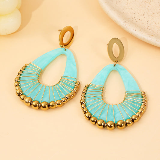 Boucles d'Oreilles Pendantes Dorées Bohème Goutte Résine Bleue Turquoise Et Perles