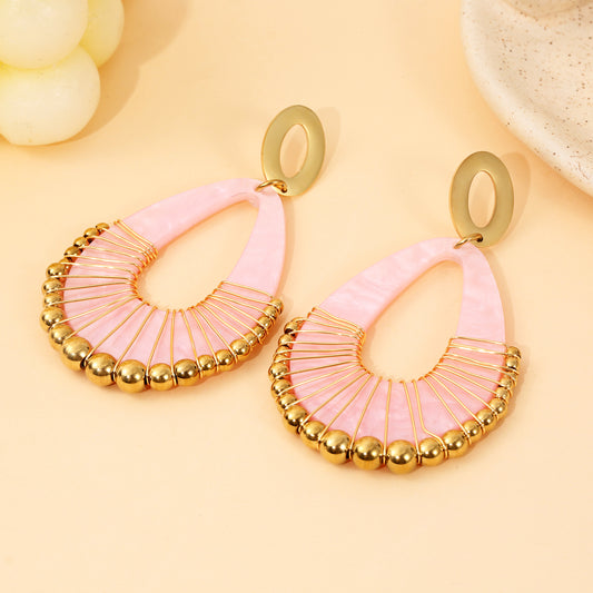 Boucles d'Oreilles Pendantes Dorées Bohème Goutte Résine Rose Et Perles