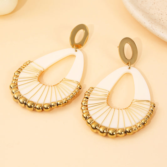 Boucles d'Oreilles Pendantes Dorées Bohème Goutte Résine Blanche Et Perles