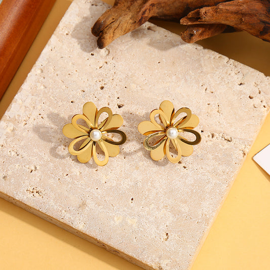 Boucles d'Oreilles Dorées Fleurs En Couches Avec Perles