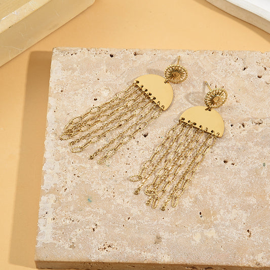 Boucles d'Oreilles Dorées Plaques Demi-Rondes Avec Chaînes